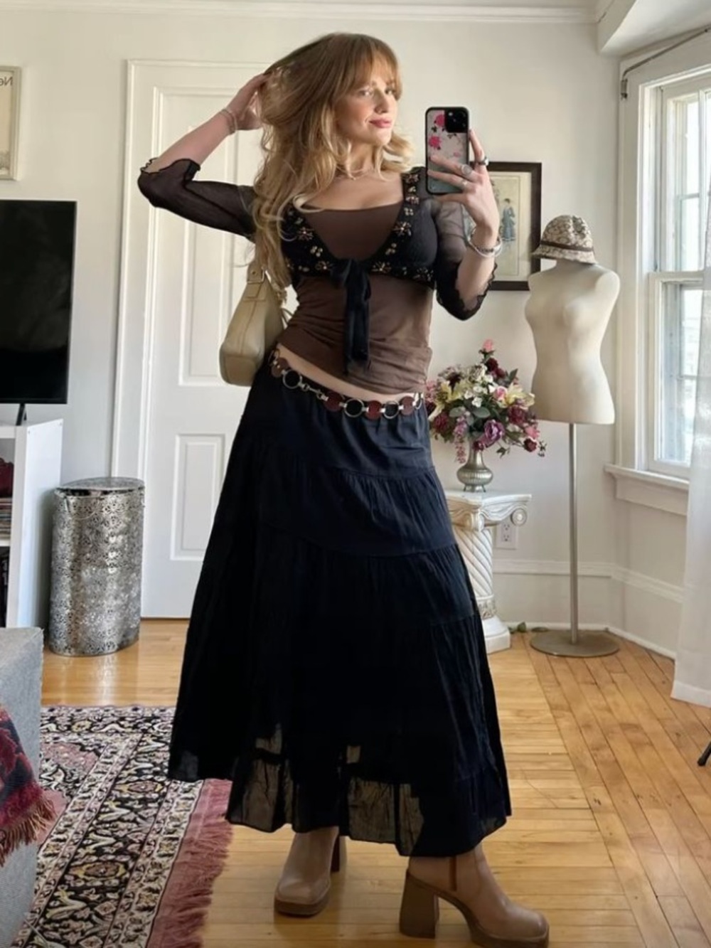 Country Store Black Boho Midi Skirt Y2K Whimsigoth Tiered Cotton Size M